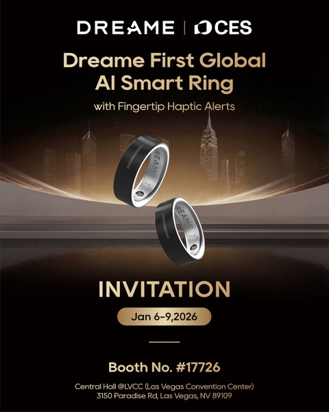 A high-end invitation graphic for a Smart Ring debut, featuring a sleek, dark aesthetic and clear event details for a live technology conference.